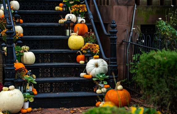 Escalier décoré de citrouilles